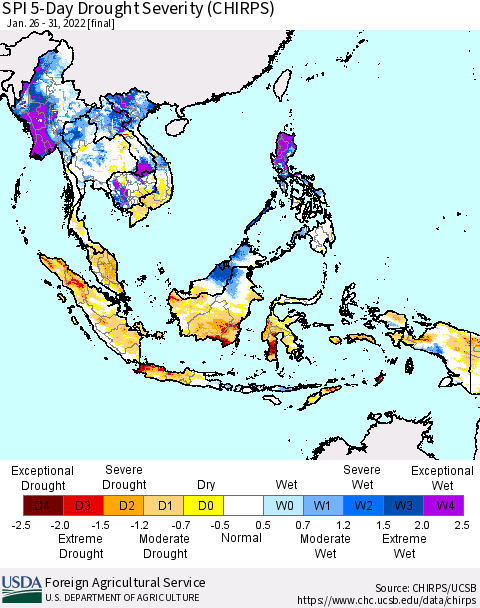 South East Asia SPI 5-Day Drought Severity (CHIRPS) Thematic Map For 1/26/2022 - 1/31/2022