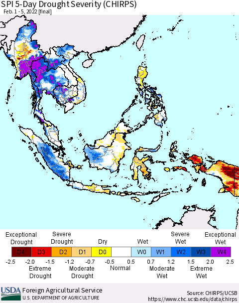 South East Asia SPI 5-Day Drought Severity (CHIRPS) Thematic Map For 2/1/2022 - 2/5/2022