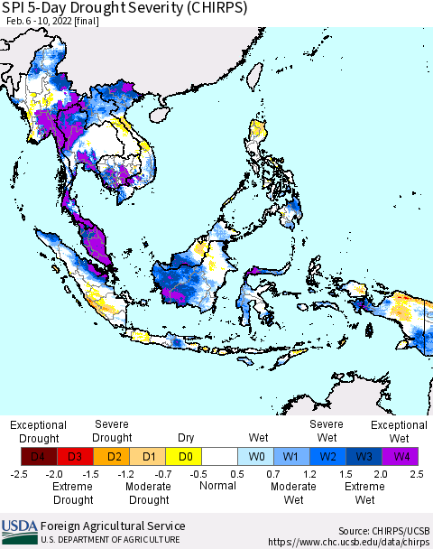 South East Asia SPI 5-Day Drought Severity (CHIRPS) Thematic Map For 2/6/2022 - 2/10/2022