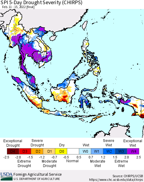 South East Asia SPI 5-Day Drought Severity (CHIRPS) Thematic Map For 2/11/2022 - 2/15/2022