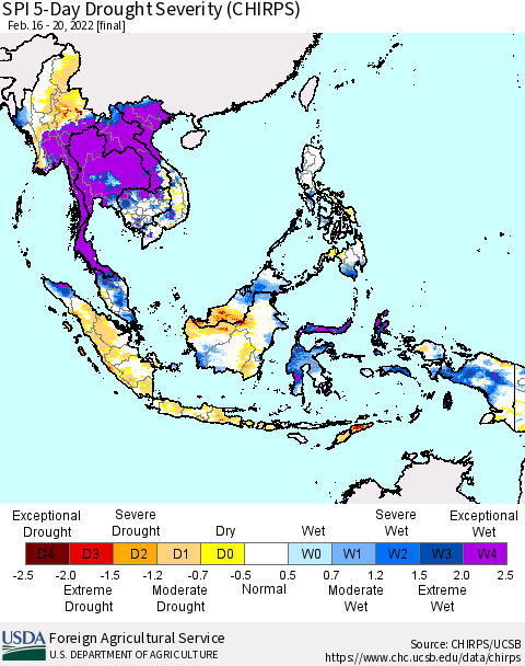 South East Asia SPI 5-Day Drought Severity (CHIRPS) Thematic Map For 2/16/2022 - 2/20/2022