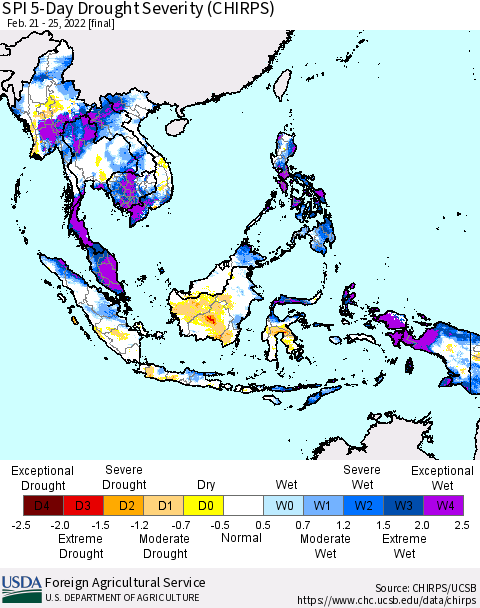 South East Asia SPI 5-Day Drought Severity (CHIRPS) Thematic Map For 2/21/2022 - 2/25/2022