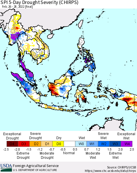 South East Asia SPI 5-Day Drought Severity (CHIRPS) Thematic Map For 2/26/2022 - 2/28/2022