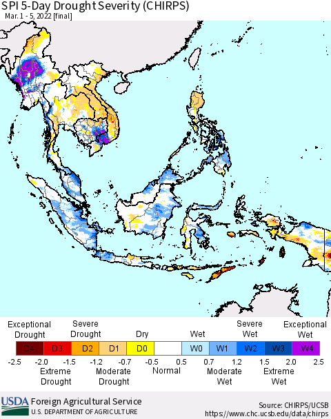 South East Asia SPI 5-Day Drought Severity (CHIRPS) Thematic Map For 3/1/2022 - 3/5/2022