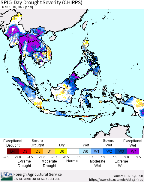 South East Asia SPI 5-Day Drought Severity (CHIRPS) Thematic Map For 3/6/2022 - 3/10/2022