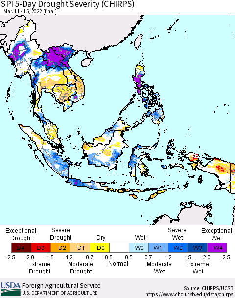 South East Asia SPI 5-Day Drought Severity (CHIRPS) Thematic Map For 3/11/2022 - 3/15/2022