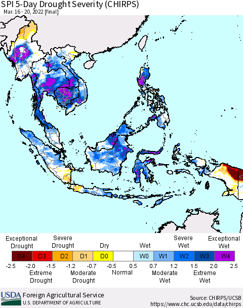 South East Asia SPI 5-Day Drought Severity (CHIRPS) Thematic Map For 3/16/2022 - 3/20/2022