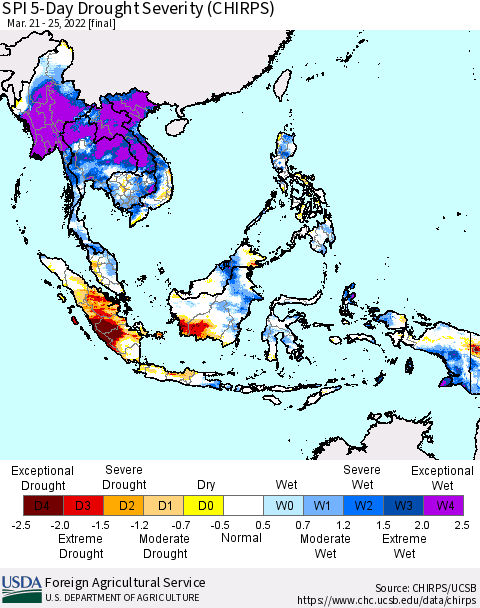 South East Asia SPI 5-Day Drought Severity (CHIRPS) Thematic Map For 3/21/2022 - 3/25/2022