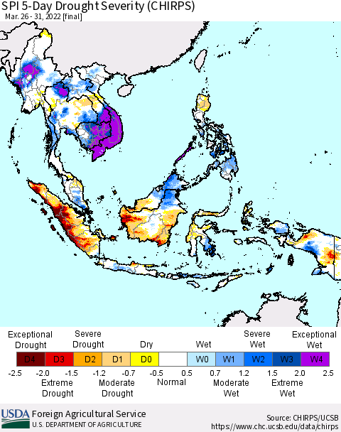 South East Asia SPI 5-Day Drought Severity (CHIRPS) Thematic Map For 3/26/2022 - 3/31/2022