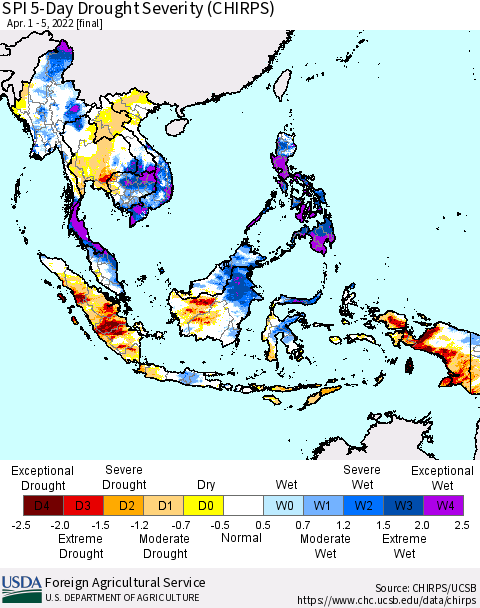 South East Asia SPI 5-Day Drought Severity (CHIRPS) Thematic Map For 4/1/2022 - 4/5/2022