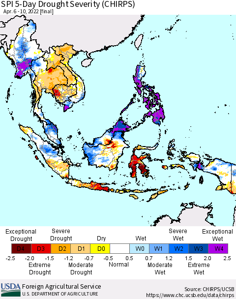 South East Asia SPI 5-Day Drought Severity (CHIRPS) Thematic Map For 4/6/2022 - 4/10/2022