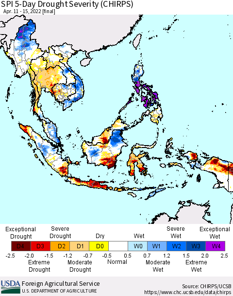 South East Asia SPI 5-Day Drought Severity (CHIRPS) Thematic Map For 4/11/2022 - 4/15/2022