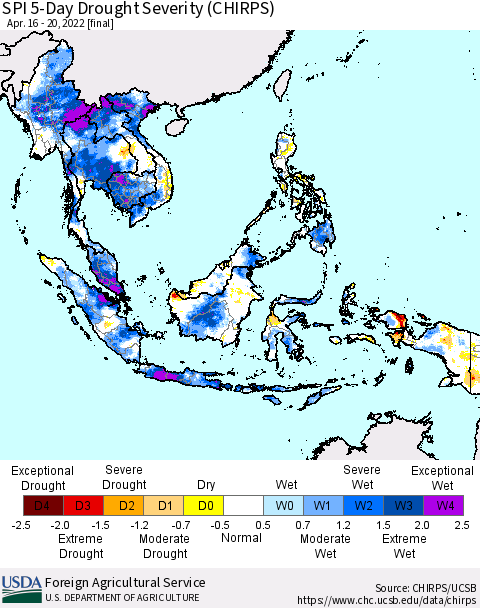 South East Asia SPI 5-Day Drought Severity (CHIRPS) Thematic Map For 4/16/2022 - 4/20/2022