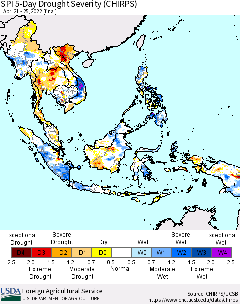 South East Asia SPI 5-Day Drought Severity (CHIRPS) Thematic Map For 4/21/2022 - 4/25/2022