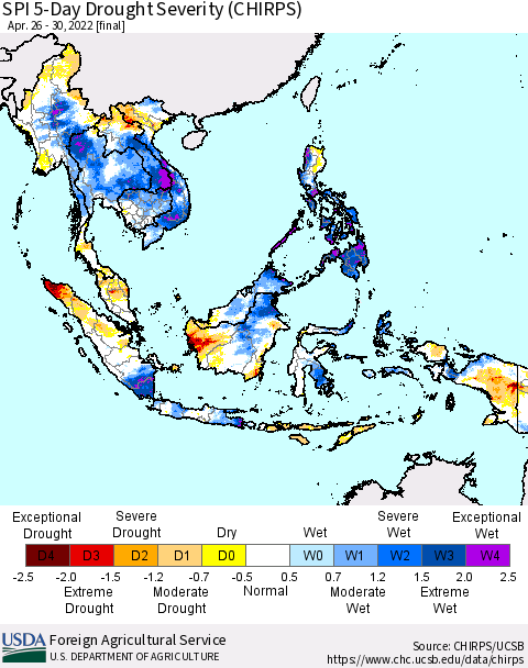 South East Asia SPI 5-Day Drought Severity (CHIRPS) Thematic Map For 4/26/2022 - 4/30/2022