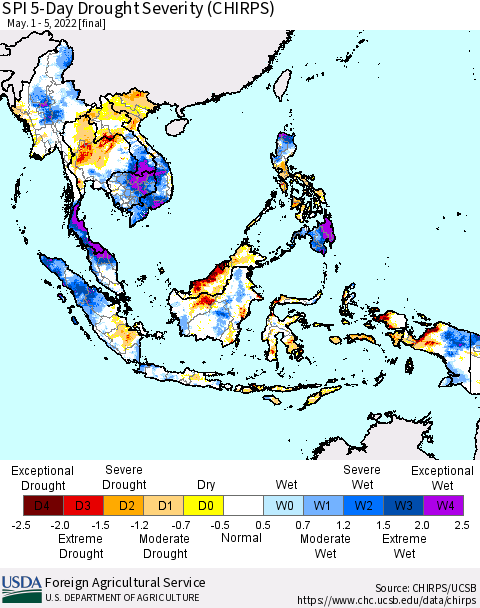 South East Asia SPI 5-Day Drought Severity (CHIRPS) Thematic Map For 5/1/2022 - 5/5/2022