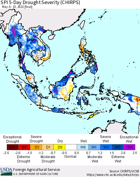 South East Asia SPI 5-Day Drought Severity (CHIRPS) Thematic Map For 5/6/2022 - 5/10/2022