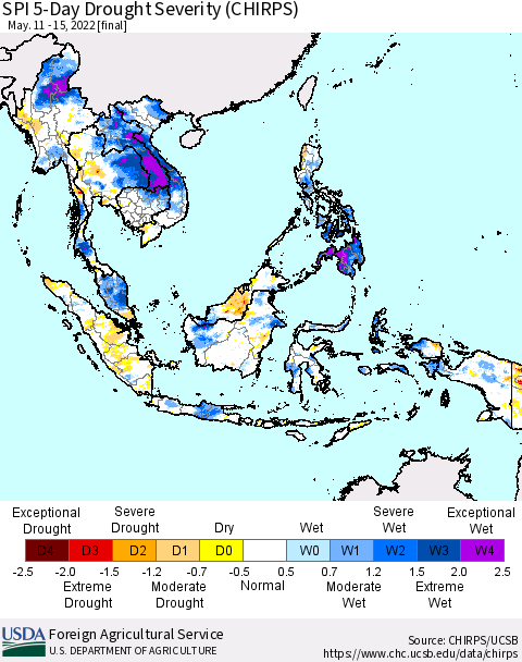 South East Asia SPI 5-Day Drought Severity (CHIRPS) Thematic Map For 5/11/2022 - 5/15/2022