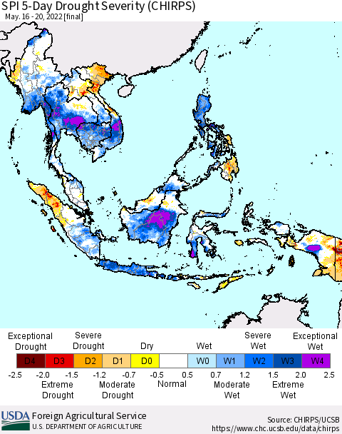 South East Asia SPI 5-Day Drought Severity (CHIRPS) Thematic Map For 5/16/2022 - 5/20/2022