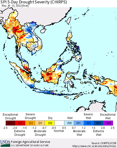 South East Asia SPI 5-Day Drought Severity (CHIRPS) Thematic Map For 5/26/2022 - 5/31/2022