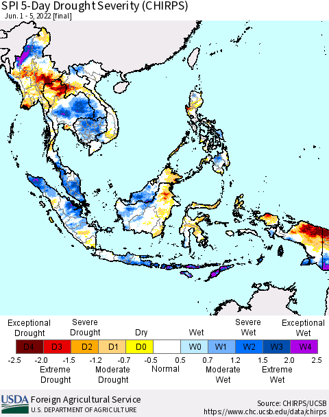 South East Asia SPI 5-Day Drought Severity (CHIRPS) Thematic Map For 6/1/2022 - 6/5/2022