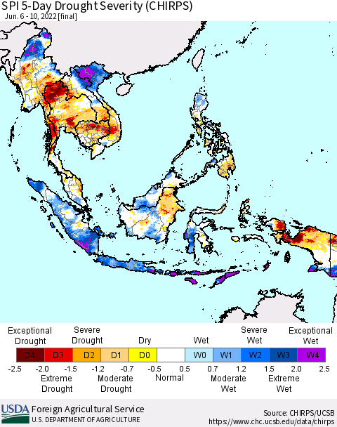 South East Asia SPI 5-Day Drought Severity (CHIRPS) Thematic Map For 6/6/2022 - 6/10/2022