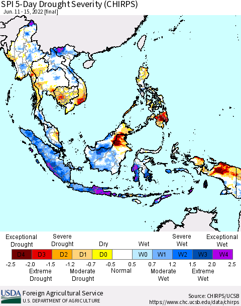 South East Asia SPI 5-Day Drought Severity (CHIRPS) Thematic Map For 6/11/2022 - 6/15/2022