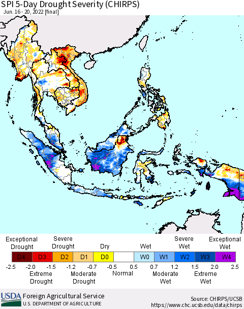South East Asia SPI 5-Day Drought Severity (CHIRPS) Thematic Map For 6/16/2022 - 6/20/2022