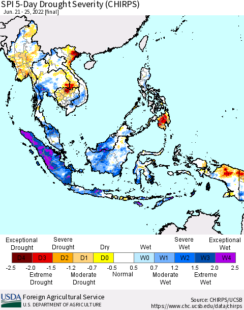 South East Asia SPI 5-Day Drought Severity (CHIRPS) Thematic Map For 6/21/2022 - 6/25/2022