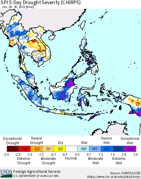 South East Asia SPI 5-Day Drought Severity (CHIRPS) Thematic Map For 6/26/2022 - 6/30/2022