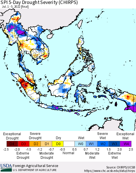 South East Asia SPI 5-Day Drought Severity (CHIRPS) Thematic Map For 7/1/2022 - 7/5/2022