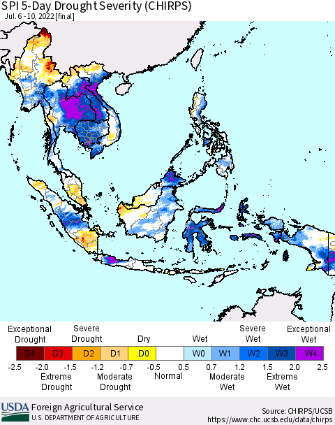 South East Asia SPI 5-Day Drought Severity (CHIRPS) Thematic Map For 7/6/2022 - 7/10/2022