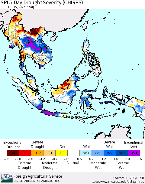 South East Asia SPI 5-Day Drought Severity (CHIRPS) Thematic Map For 7/11/2022 - 7/15/2022