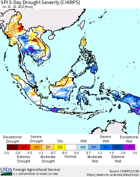 South East Asia SPI 5-Day Drought Severity (CHIRPS) Thematic Map For 7/16/2022 - 7/20/2022