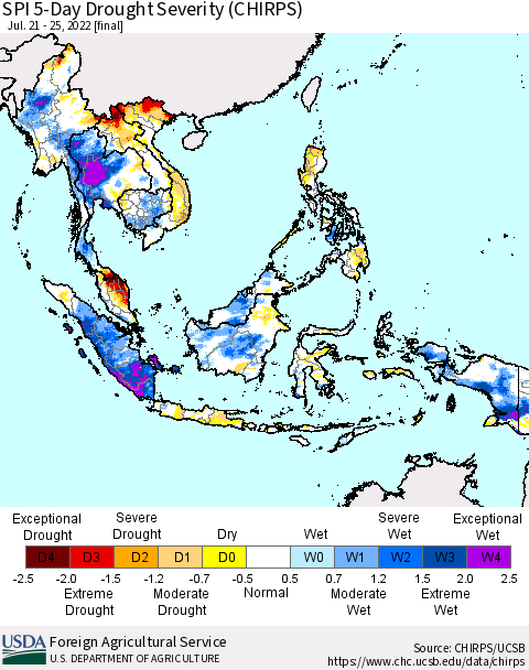 South East Asia SPI 5-Day Drought Severity (CHIRPS) Thematic Map For 7/21/2022 - 7/25/2022