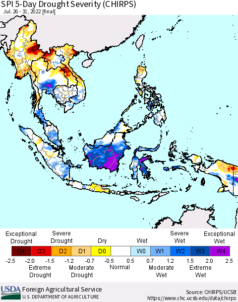 South East Asia SPI 5-Day Drought Severity (CHIRPS) Thematic Map For 7/26/2022 - 7/31/2022