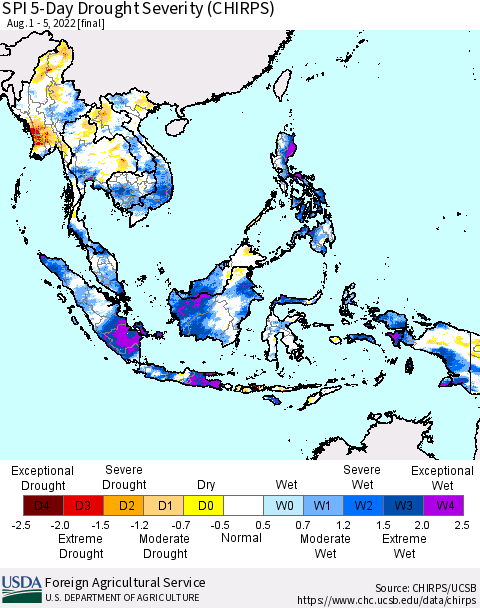 South East Asia SPI 5-Day Drought Severity (CHIRPS) Thematic Map For 8/1/2022 - 8/5/2022