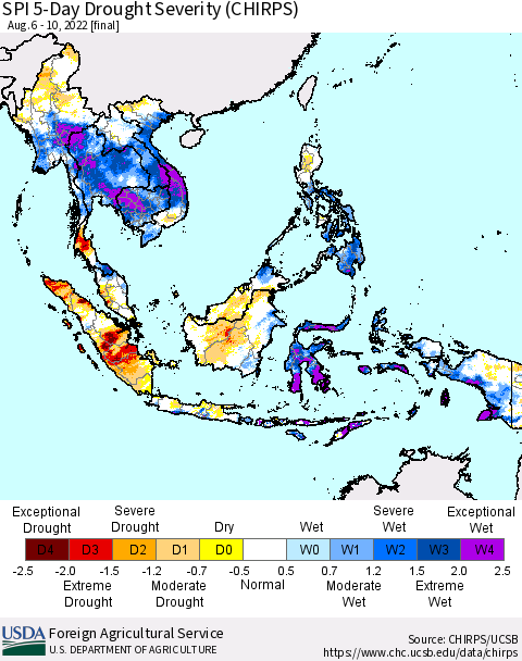 South East Asia SPI 5-Day Drought Severity (CHIRPS) Thematic Map For 8/6/2022 - 8/10/2022