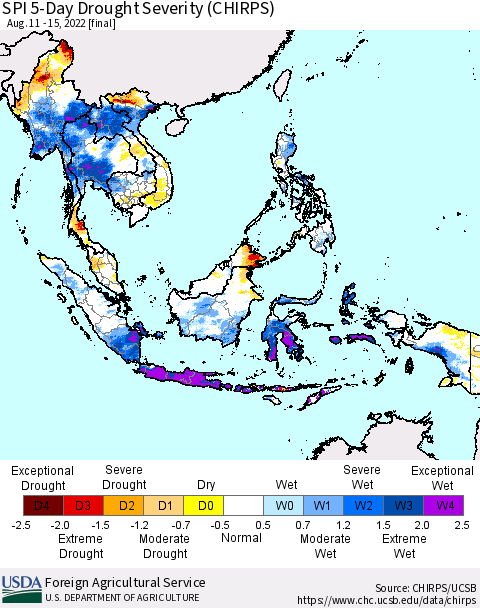 South East Asia SPI 5-Day Drought Severity (CHIRPS) Thematic Map For 8/11/2022 - 8/15/2022