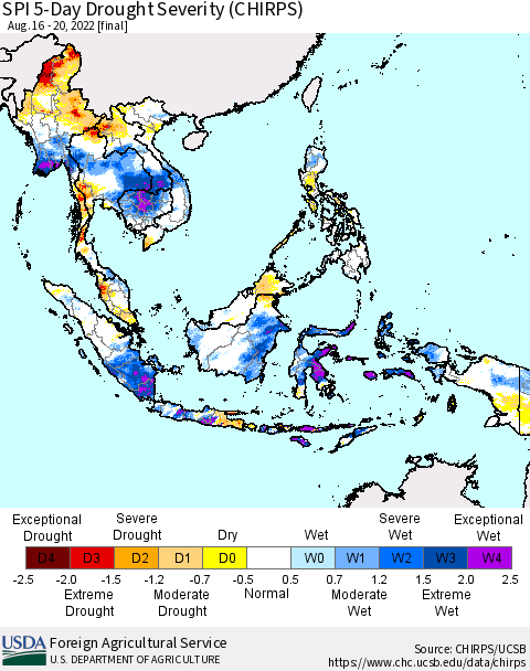 South East Asia SPI 5-Day Drought Severity (CHIRPS) Thematic Map For 8/16/2022 - 8/20/2022