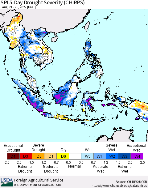South East Asia SPI 5-Day Drought Severity (CHIRPS) Thematic Map For 8/21/2022 - 8/25/2022