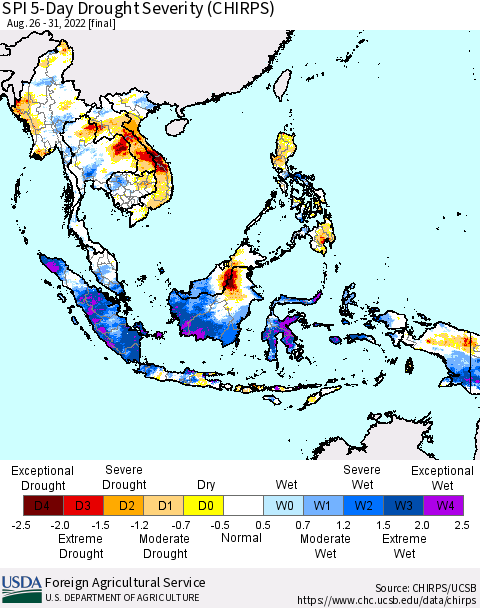 South East Asia SPI 5-Day Drought Severity (CHIRPS) Thematic Map For 8/26/2022 - 8/31/2022