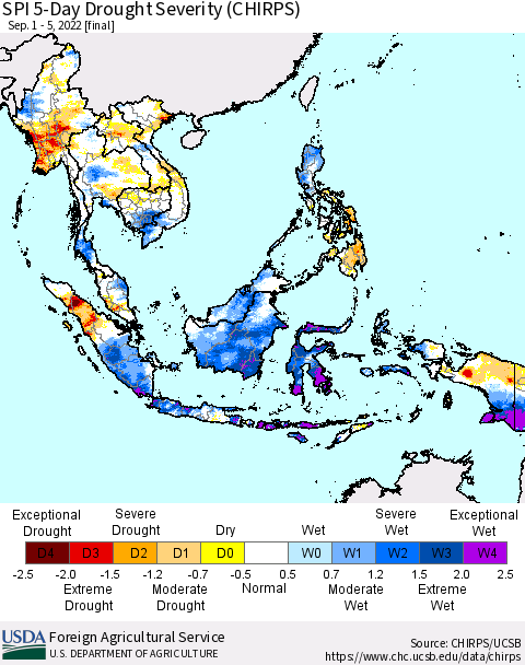 South East Asia SPI 5-Day Drought Severity (CHIRPS) Thematic Map For 9/1/2022 - 9/5/2022