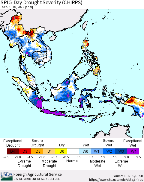 South East Asia SPI 5-Day Drought Severity (CHIRPS) Thematic Map For 9/6/2022 - 9/10/2022