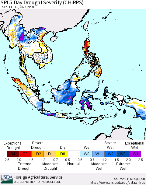South East Asia SPI 5-Day Drought Severity (CHIRPS) Thematic Map For 9/11/2022 - 9/15/2022