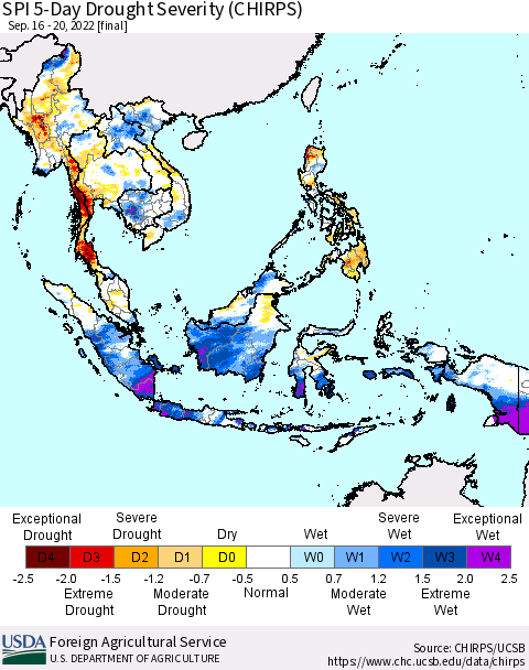 South East Asia SPI 5-Day Drought Severity (CHIRPS) Thematic Map For 9/16/2022 - 9/20/2022