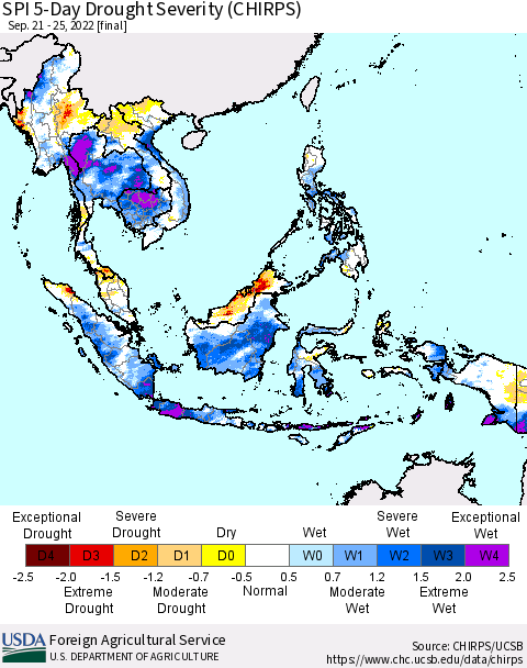 South East Asia SPI 5-Day Drought Severity (CHIRPS) Thematic Map For 9/21/2022 - 9/25/2022