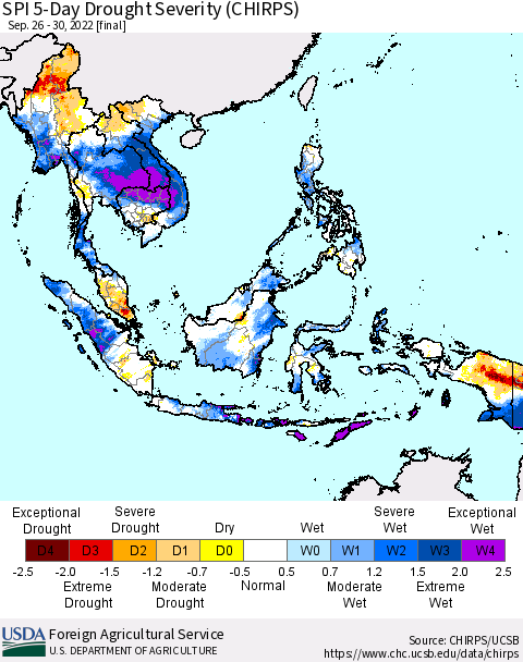South East Asia SPI 5-Day Drought Severity (CHIRPS) Thematic Map For 9/26/2022 - 9/30/2022
