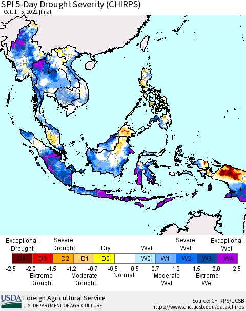 South East Asia SPI 5-Day Drought Severity (CHIRPS) Thematic Map For 10/1/2022 - 10/5/2022
