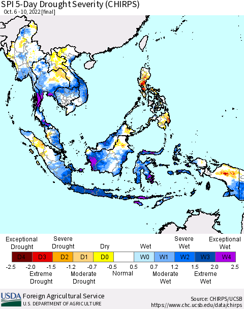 South East Asia SPI 5-Day Drought Severity (CHIRPS) Thematic Map For 10/6/2022 - 10/10/2022